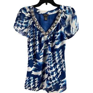 NUE OPTIONS Ladies Vneck Beaded Jewel Neckline Lined Sheer Dress Top Size XS